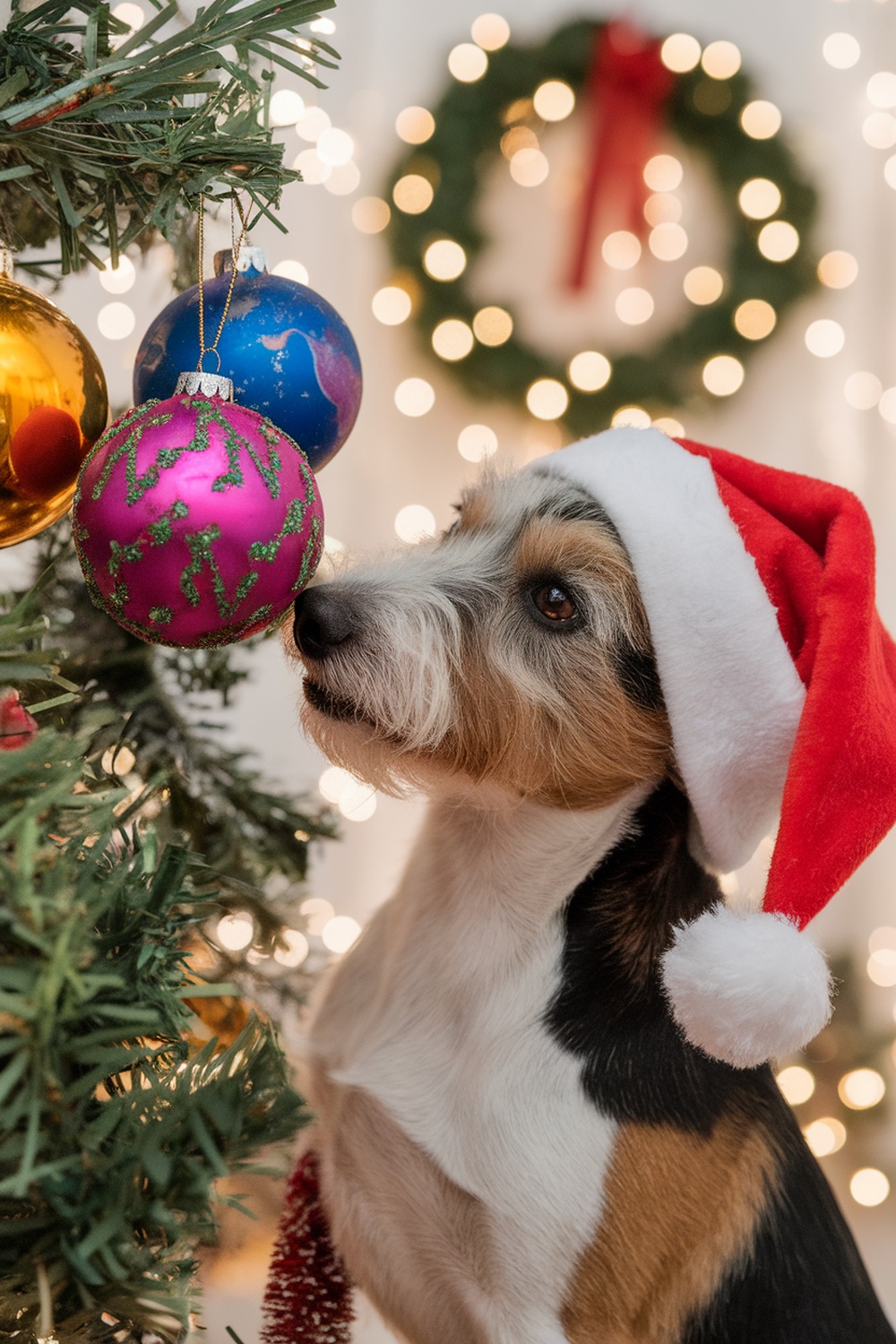 A terrier dog wearing a Christmas hat, looking at colorful ornaments on a tree.