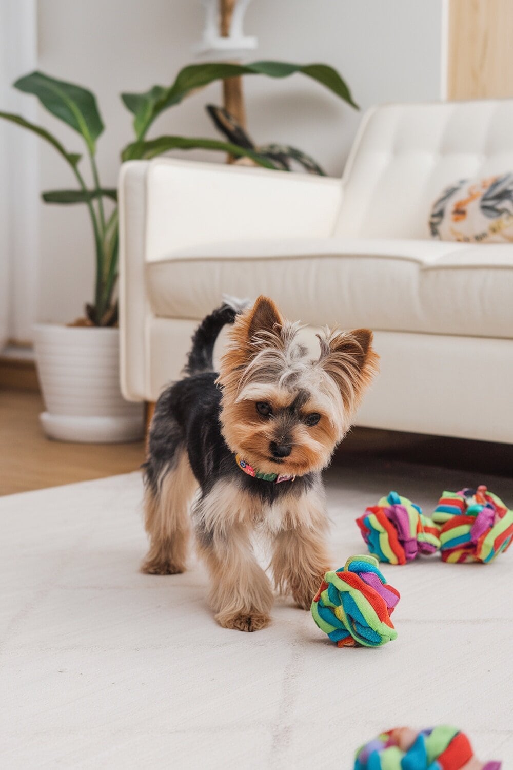 A Teacup Yorkie with bouncy curls playing with colorful toys.