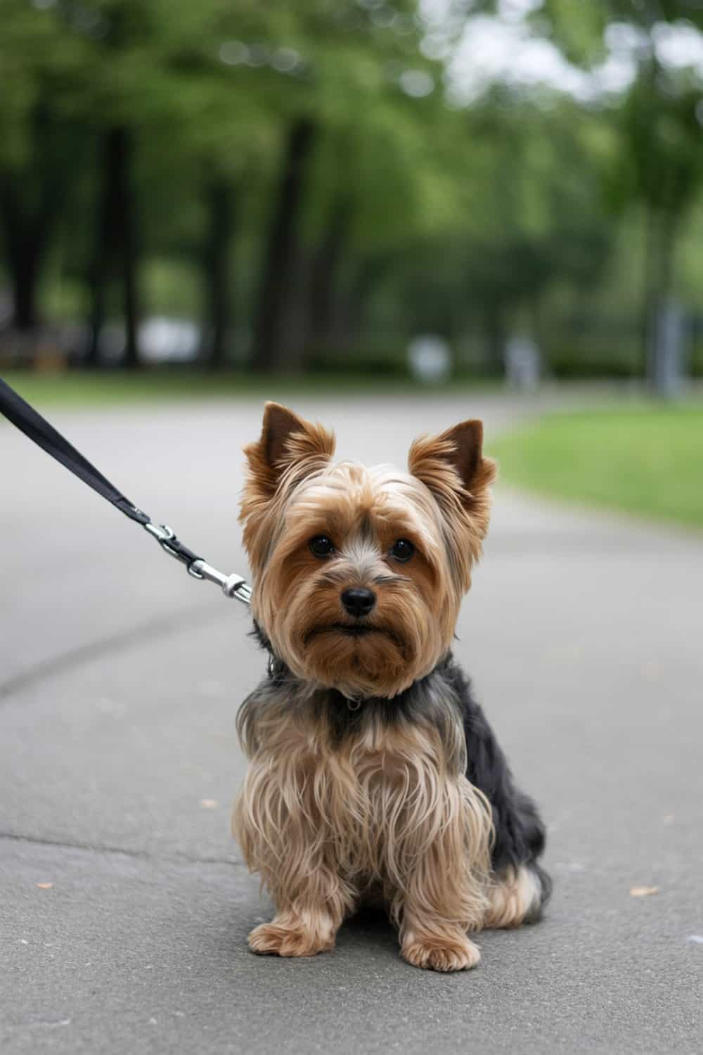 A Yorkshire Terrier sitting on a leash in a park