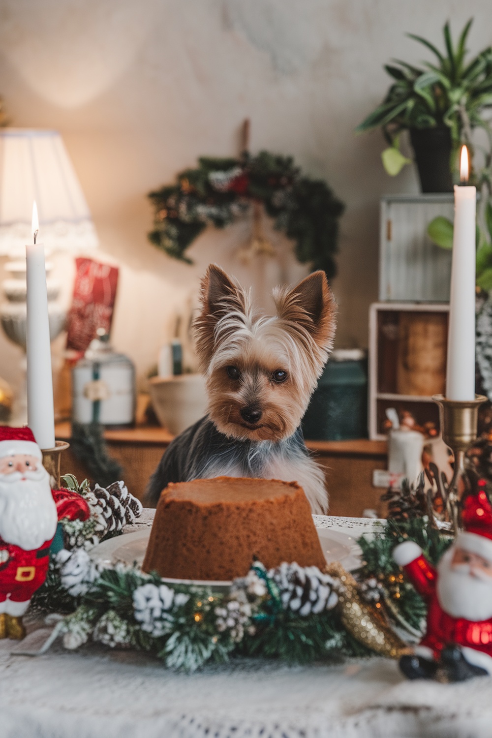 A Yorkie Terrier sitting in front of a Christmas pudding, surrounded by festive decorations.