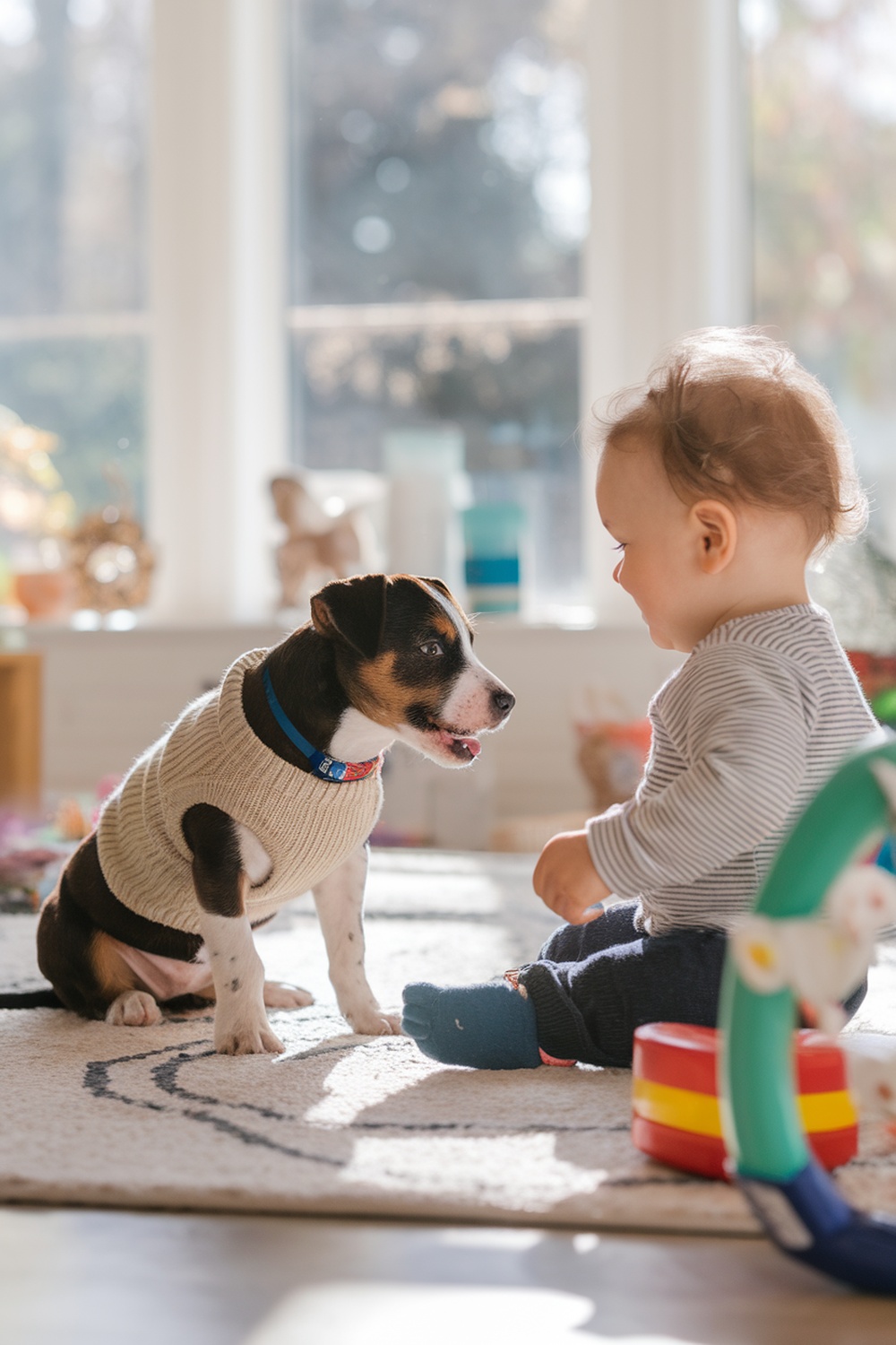 A puppy and a child sitting together, sharing a joyful moment.