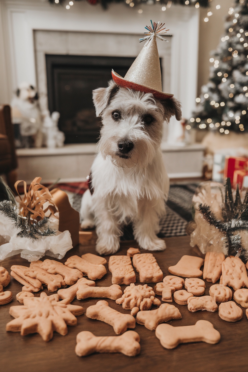 A terrier wearing a party hat surrounded by dog treats for New Year's.