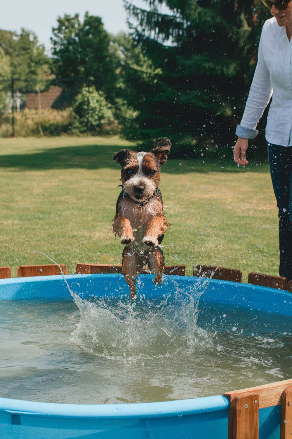 A Border Terrier jumping into a small pool, creating a splash of water.
