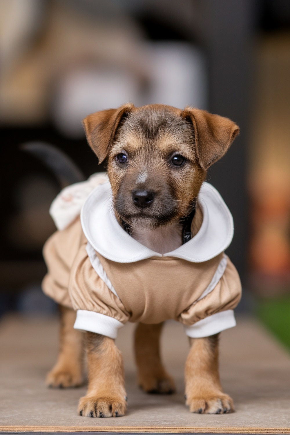 A Border Terrier puppy wearing a beige outfit with a collar, looking cute and stylish.