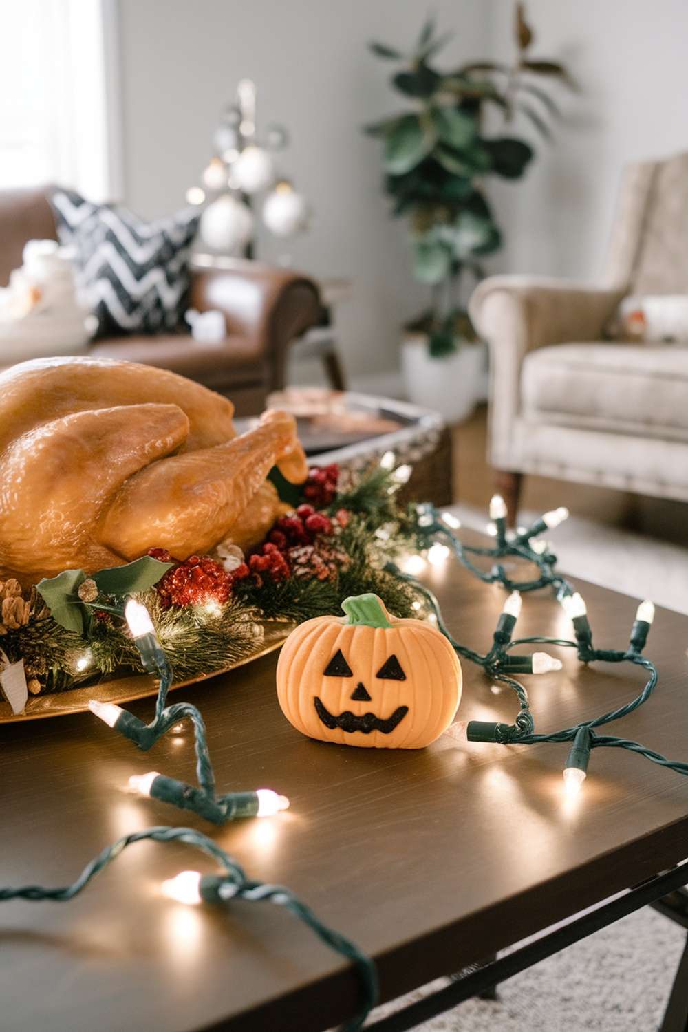 A beautifully arranged Thanksgiving table with a turkey centerpiece and a cute pumpkin decoration.