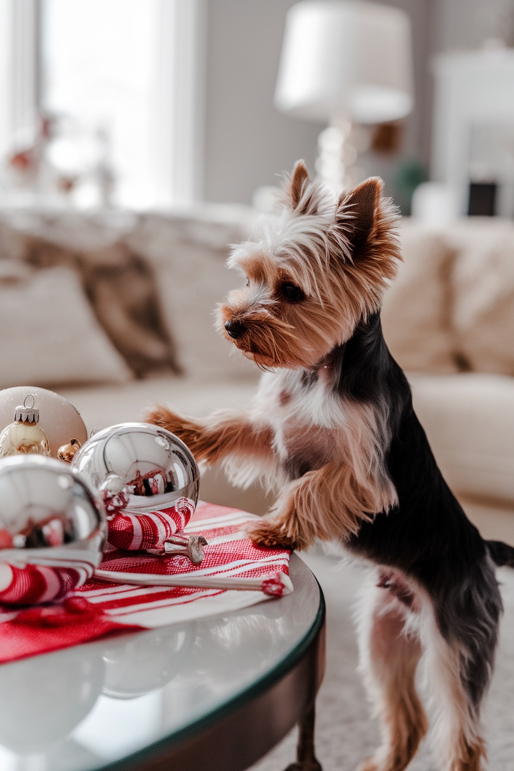 A Yorkie Terrier curiously playing with holiday ornaments on a table.