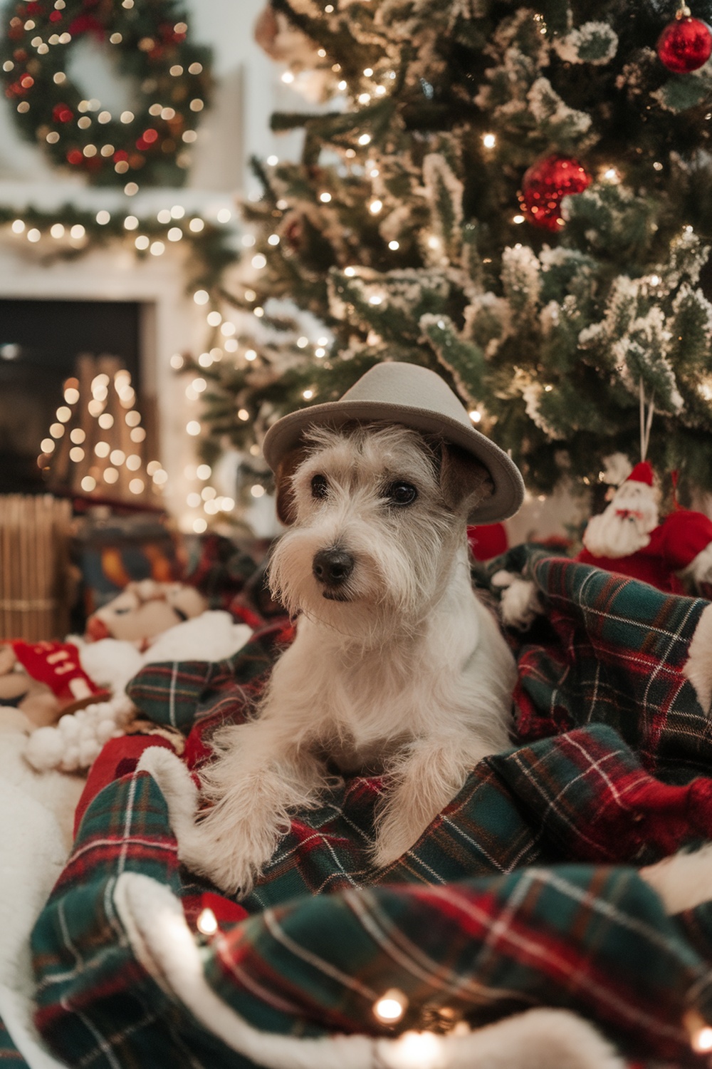 A terrier dog wearing a Christmas hat, sitting on a cozy blanket surrounded by festive decorations.