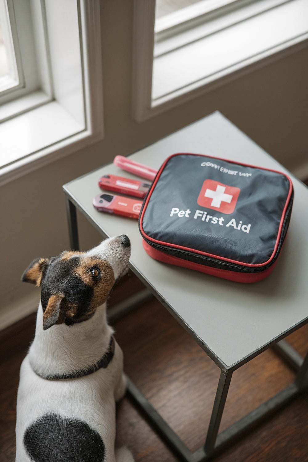 A dog looking at a pet first aid kit on a table.