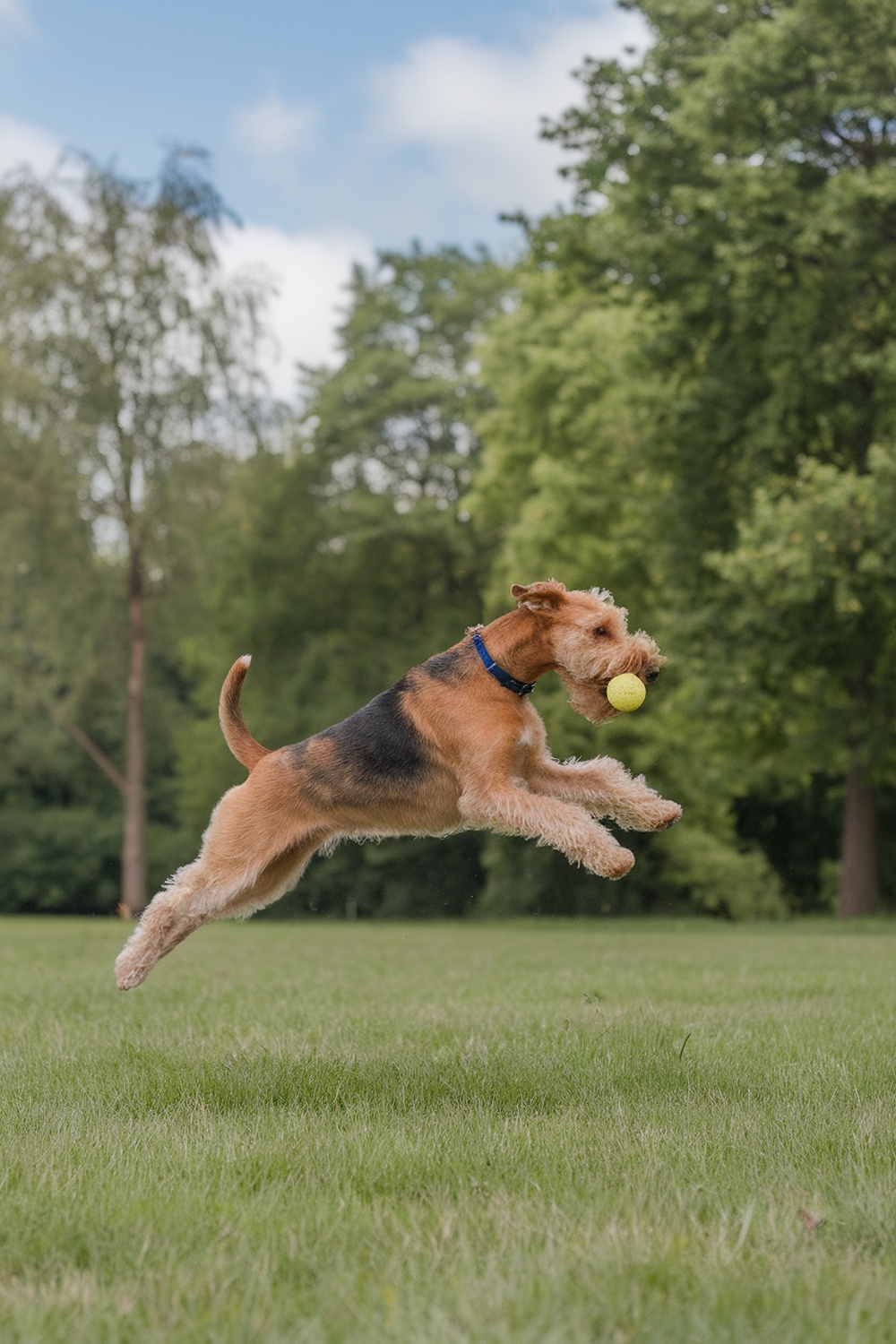 Airedale Terrier jumping in the air with a ball in its mouth