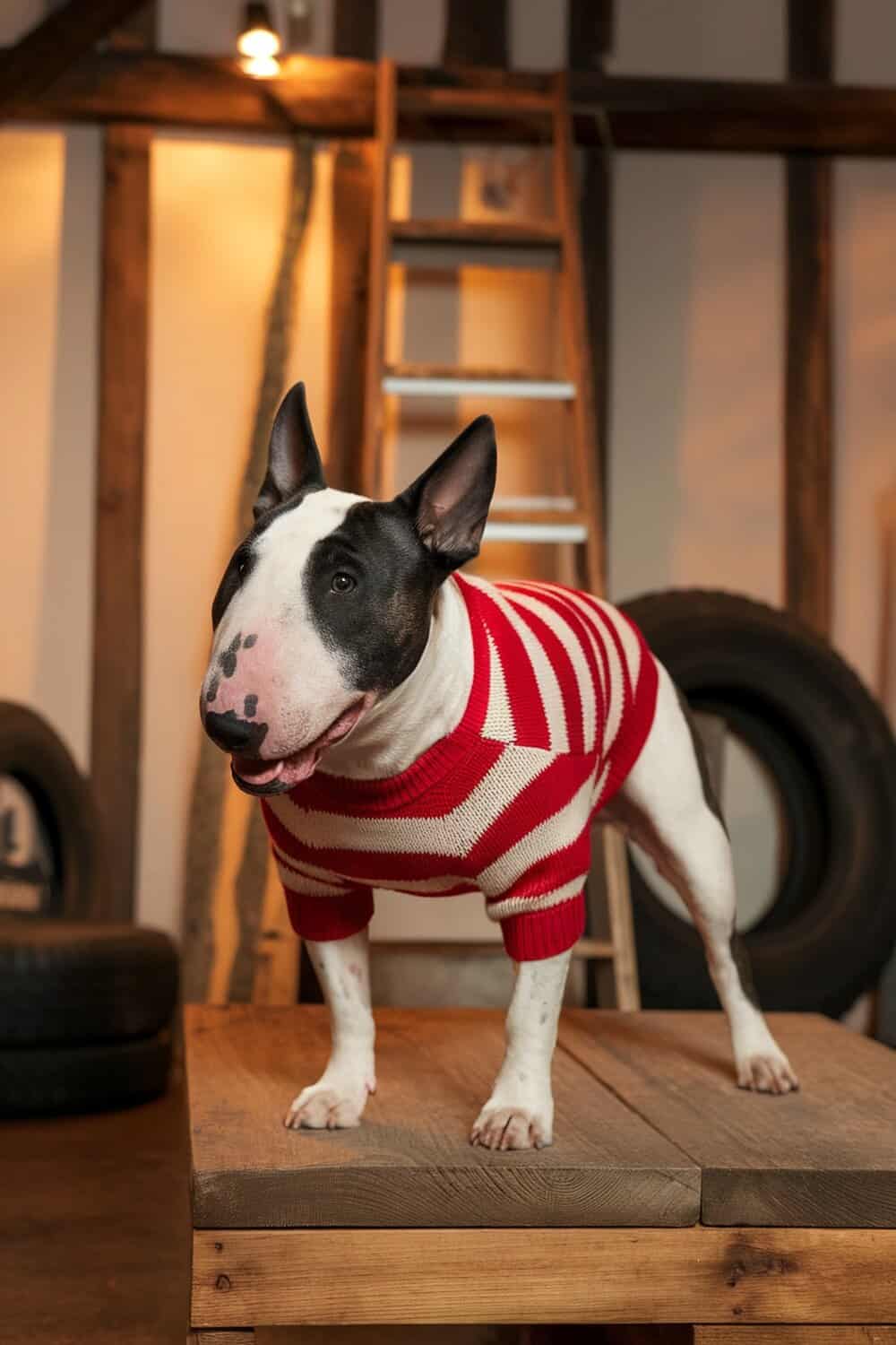 A Bull Terrier wearing a red and white striped sweater, standing on a wooden surface with a friendly expression.