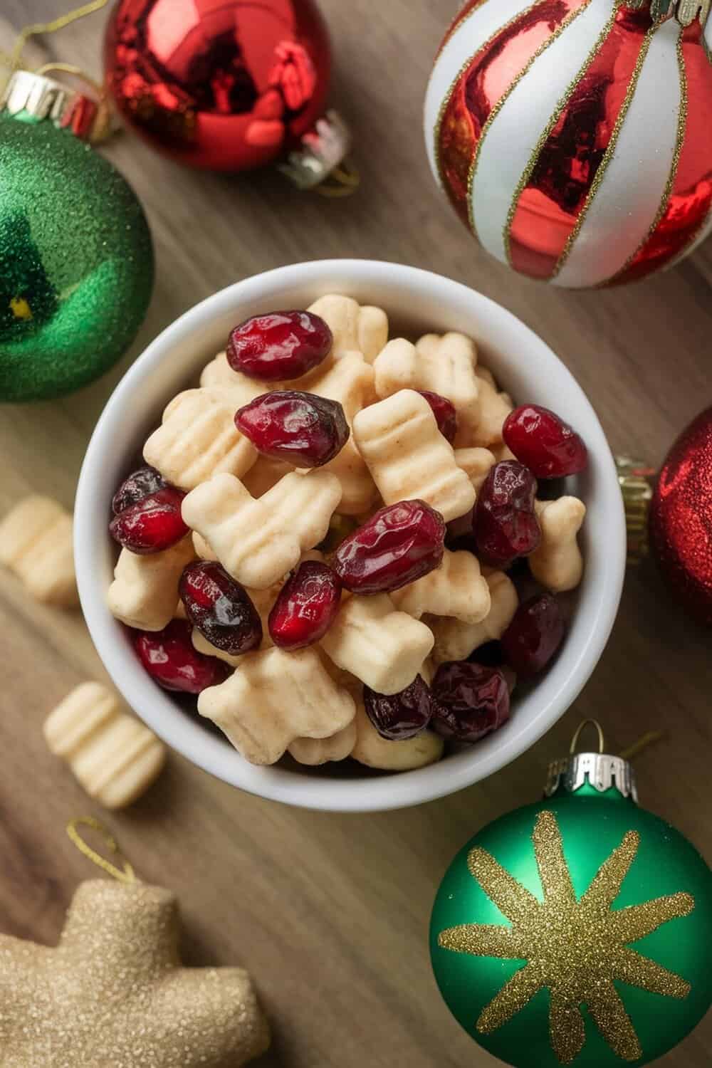 A bowl of cranberry and apple dog cookies surrounded by festive ornaments.