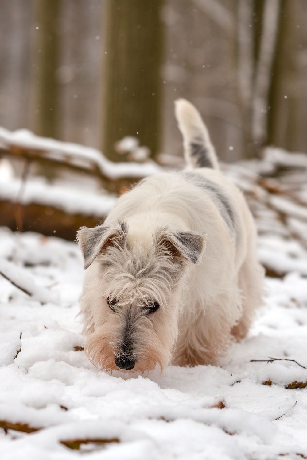 A Norfolk Terrier exploring the snow-covered ground.