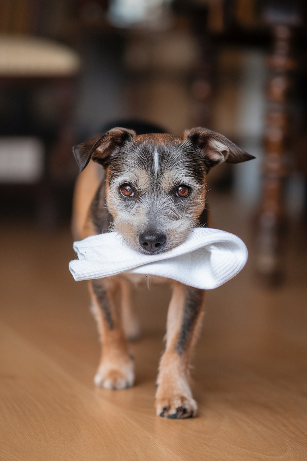 A border terrier holding a white sock in its mouth, looking playful.