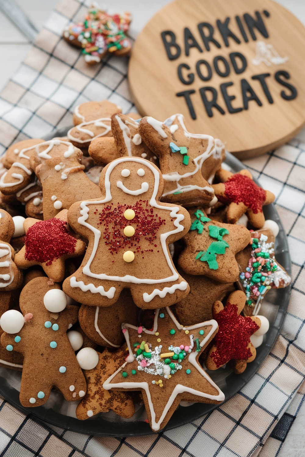 A plate of gingerbread dog treats decorated with icing and sprinkles.