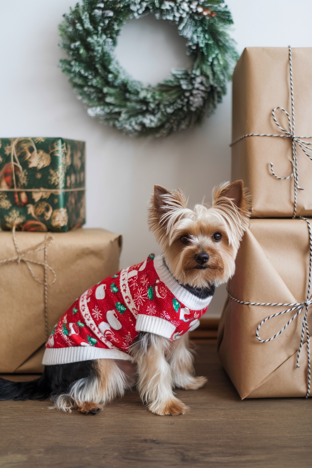 Yorkshire Terrier wearing a holiday sweater next to wrapped gifts and a wreath