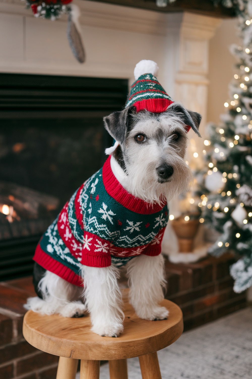 A terrier dog wearing a Christmas sweater and hat, sitting on a stool near a fireplace.