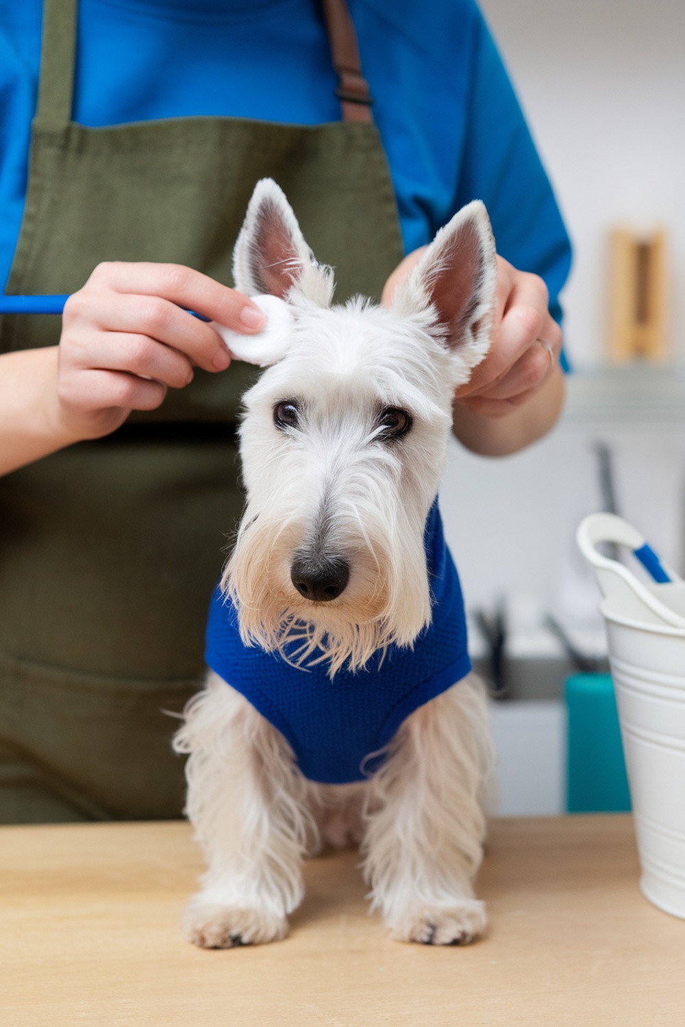 A Scottish Terrier getting its ears cleaned by a groomer.