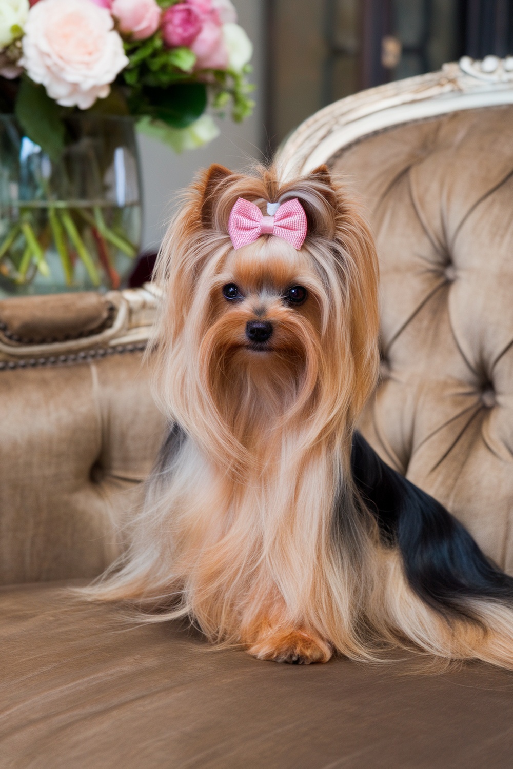 Teacup Yorkie with long hair and a pink bow sitting on a couch