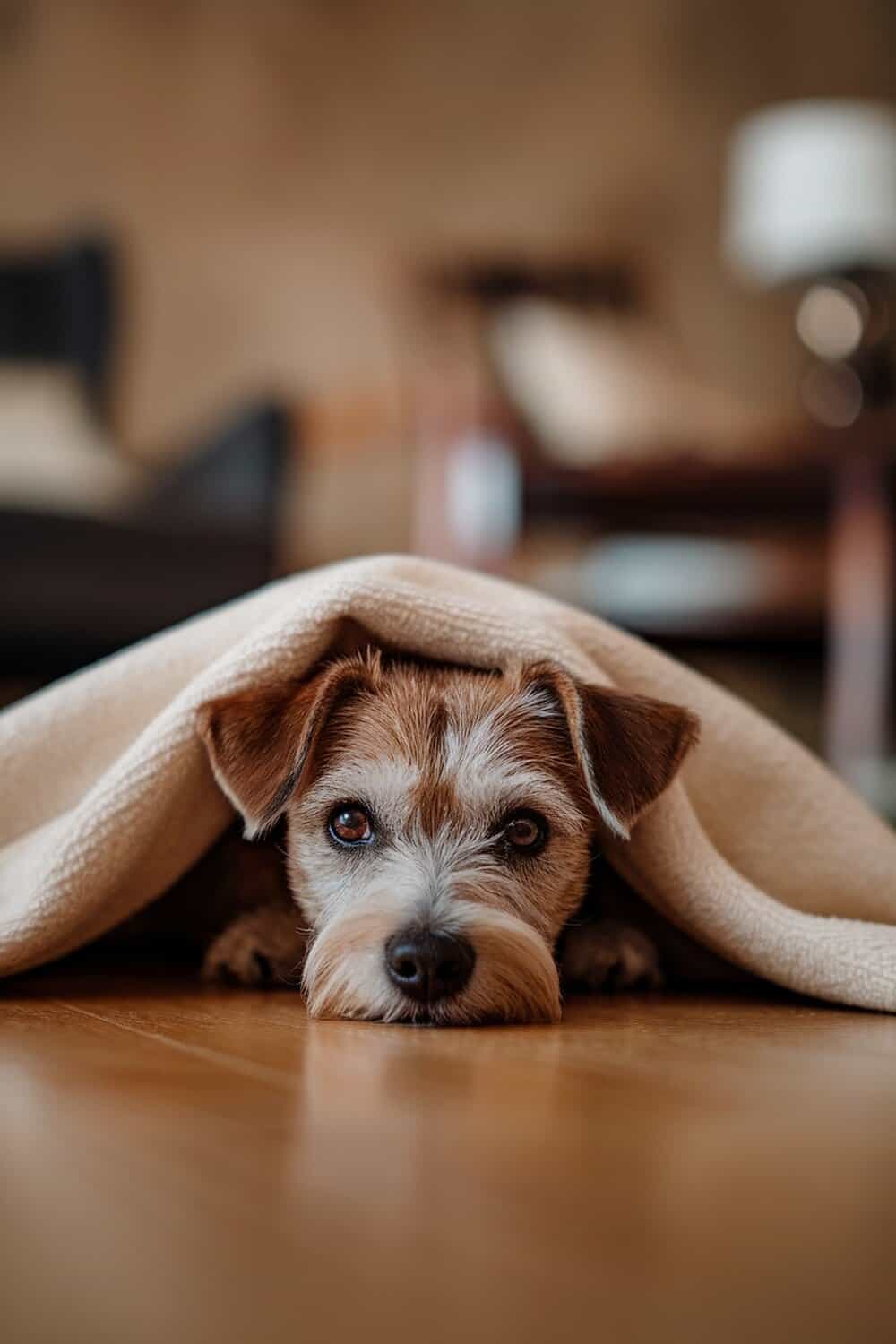 A Border Terrier peeking out from under a blanket, showcasing its playful nature.