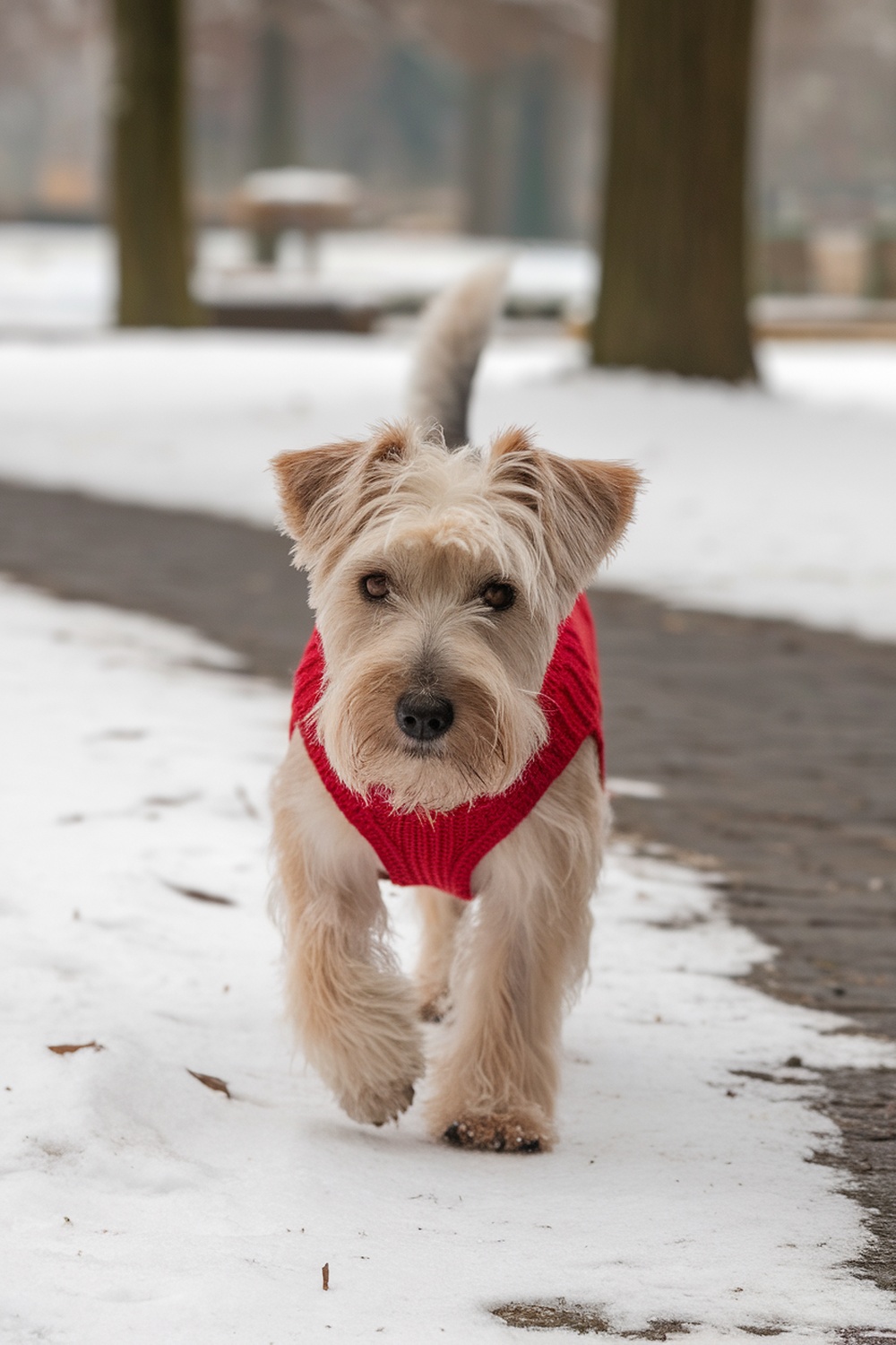 A Dandie Dinmont Terrier walking in the snow, wearing a red sweater.