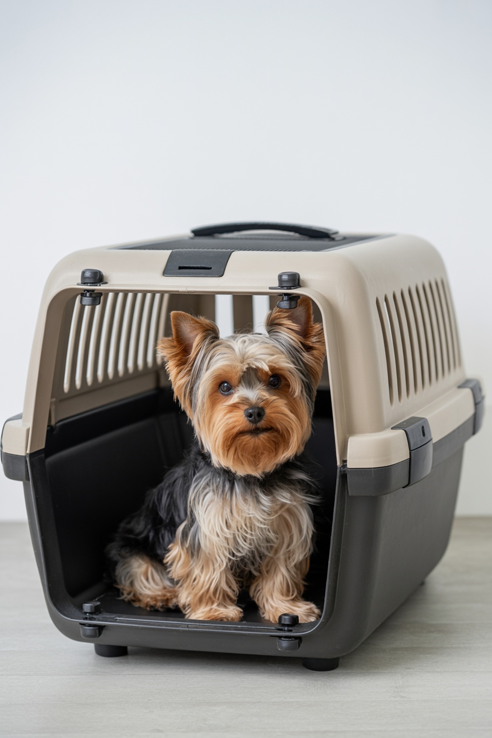 A Yorkshire Terrier sitting inside a pet carrier, looking cute and alert.