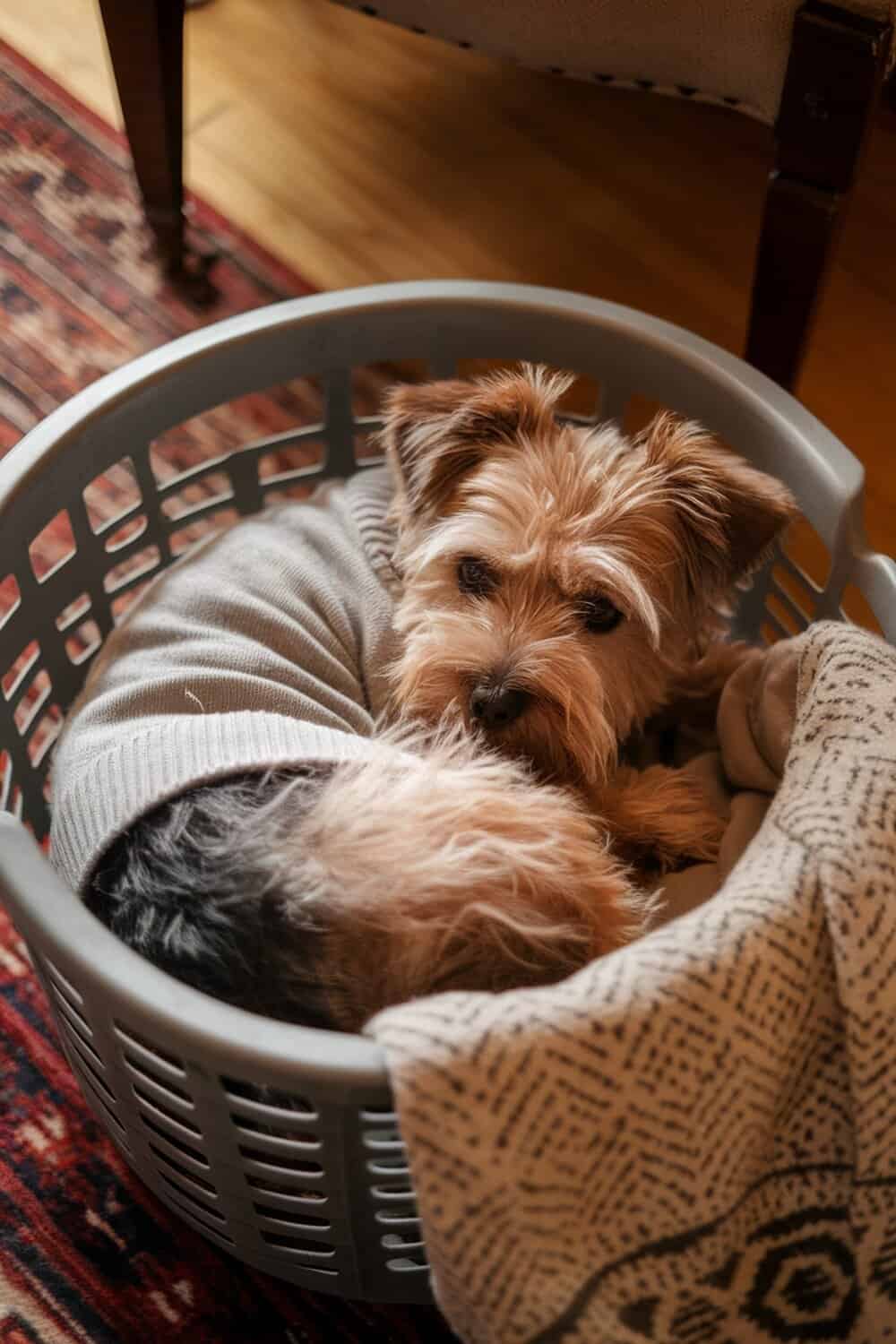 A Border Terrier curled up in a laundry basket with a blanket.