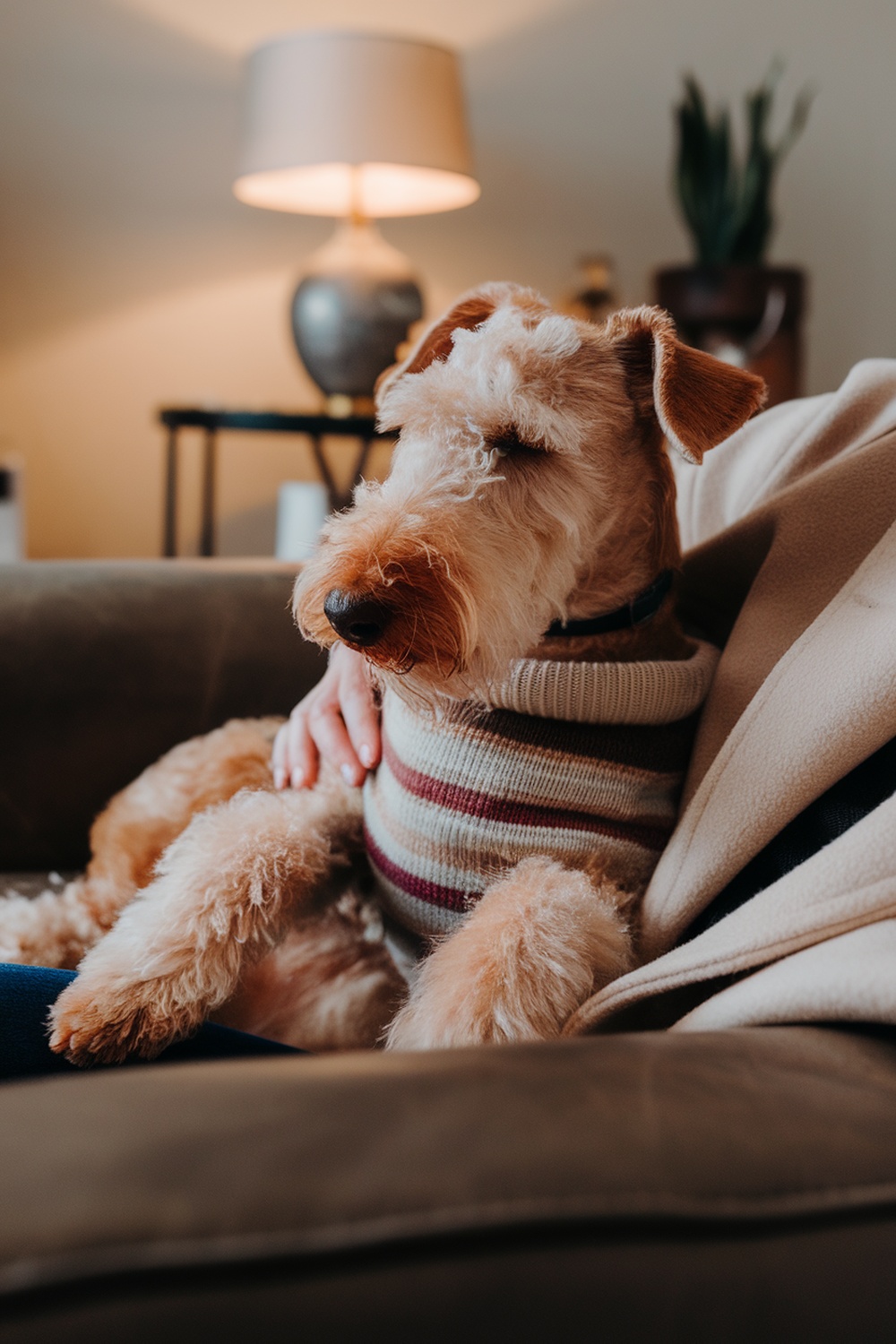 Airedale sitting comfortably on a couch, wearing a striped sweater, with a person gently petting it.