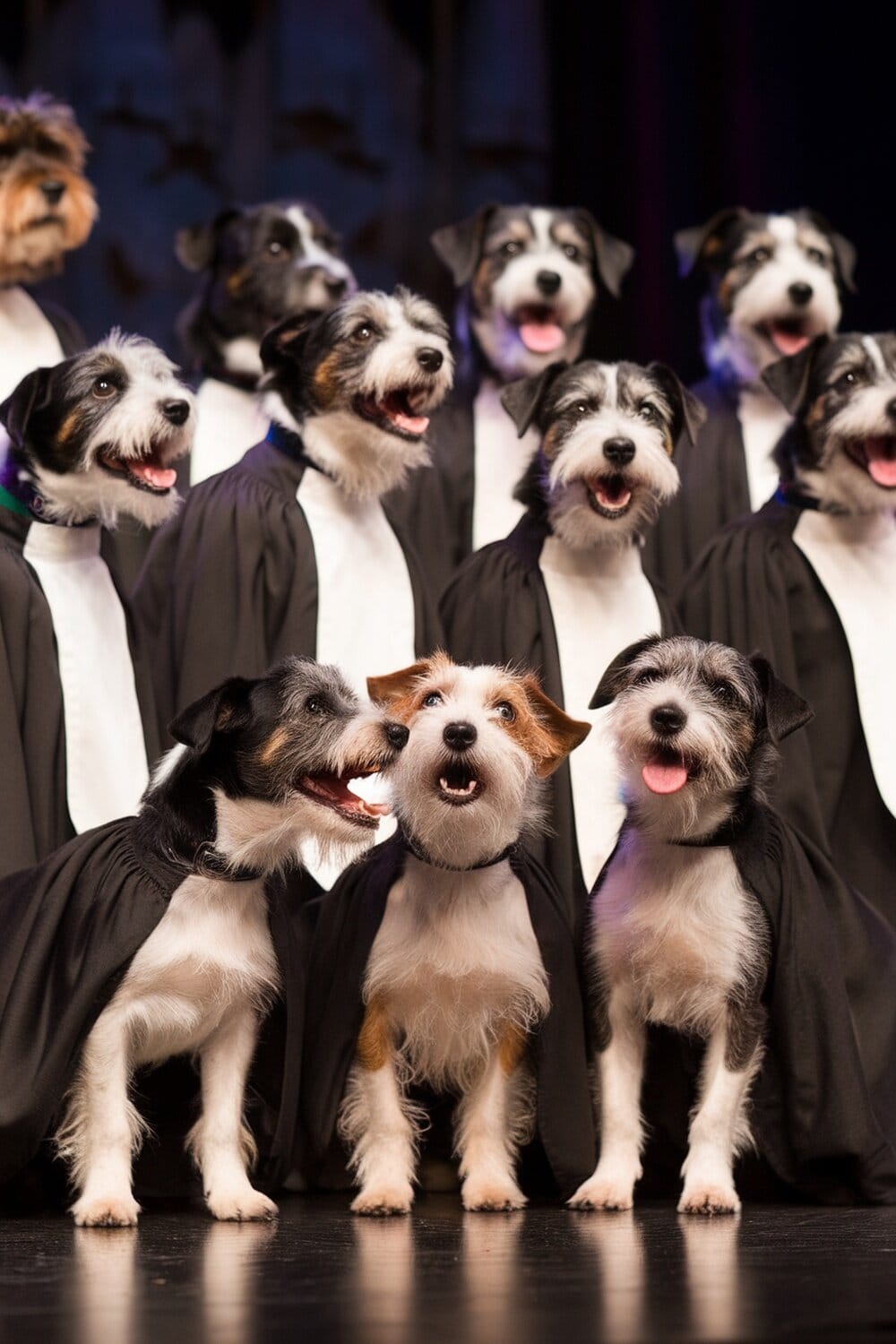 A group of Border Terriers in choir robes singing on stage.