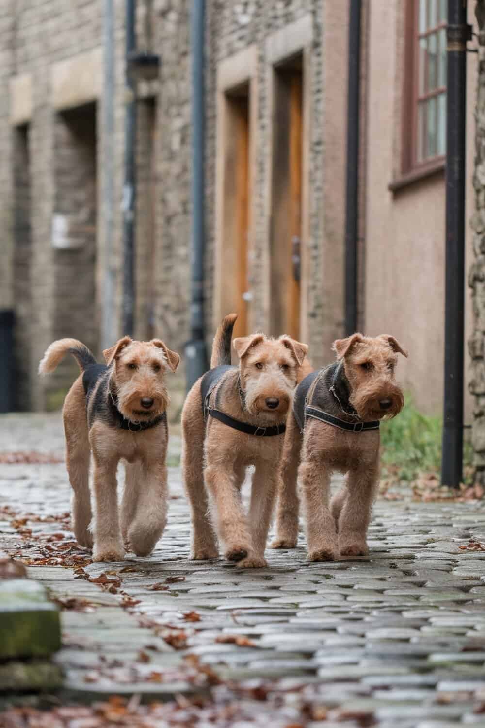 Three Airedale Terriers walking down a cobblestone street.