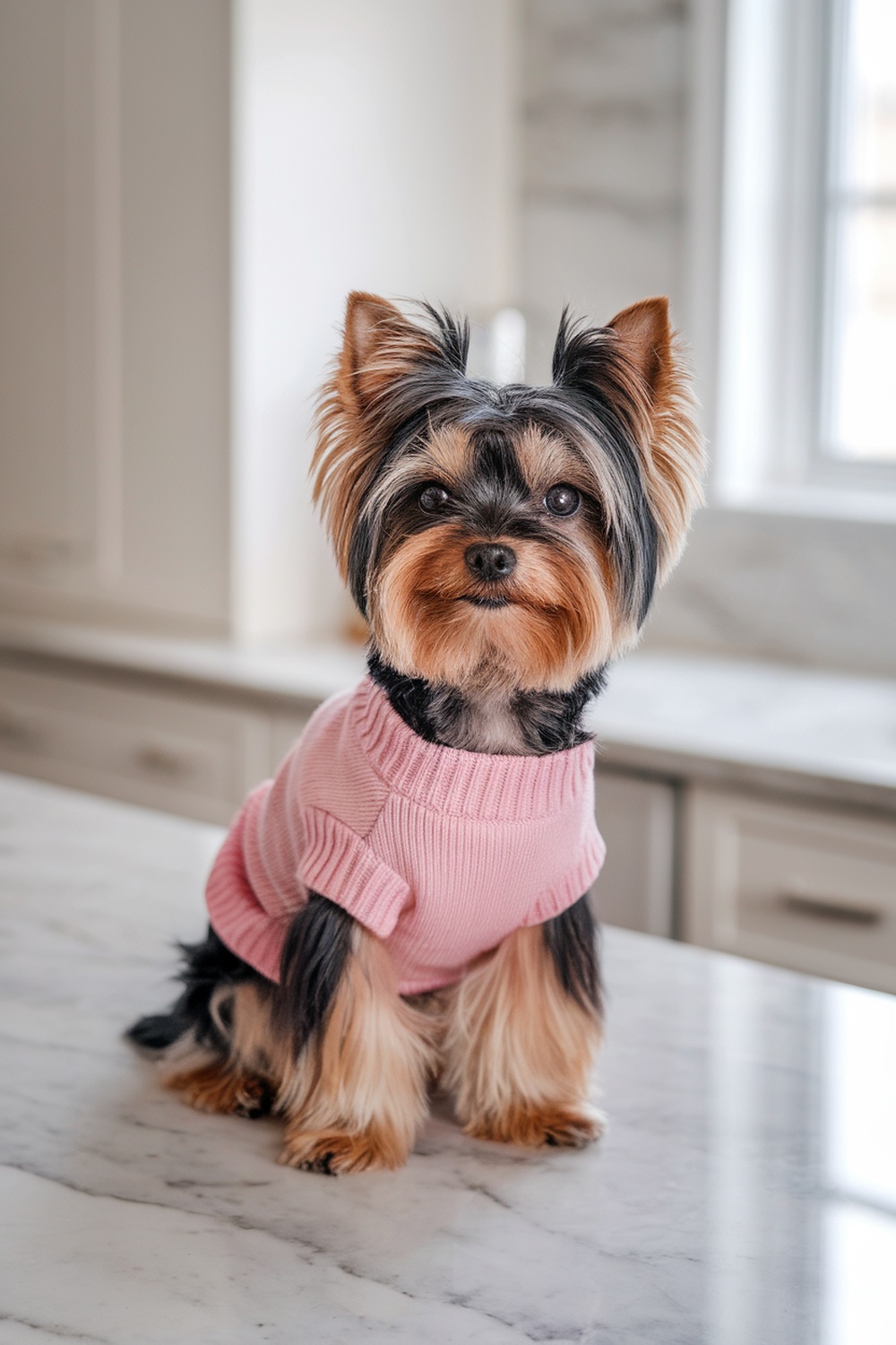 A Teacup Yorkie with a sleek and straight haircut, wearing a pink sweater, sitting on a marble countertop.