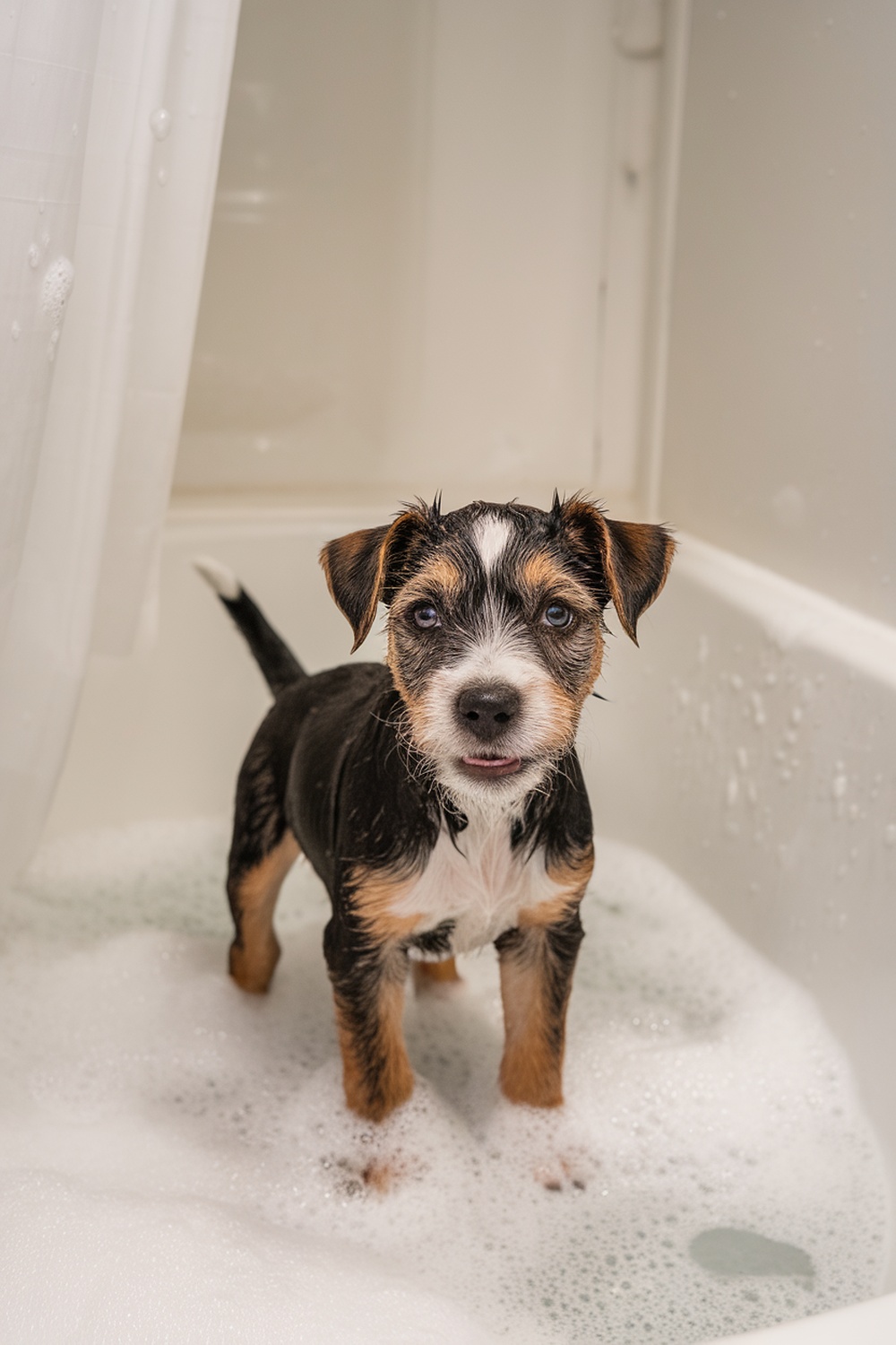 A Border Terrier puppy standing in a bathtub filled with bubbles.