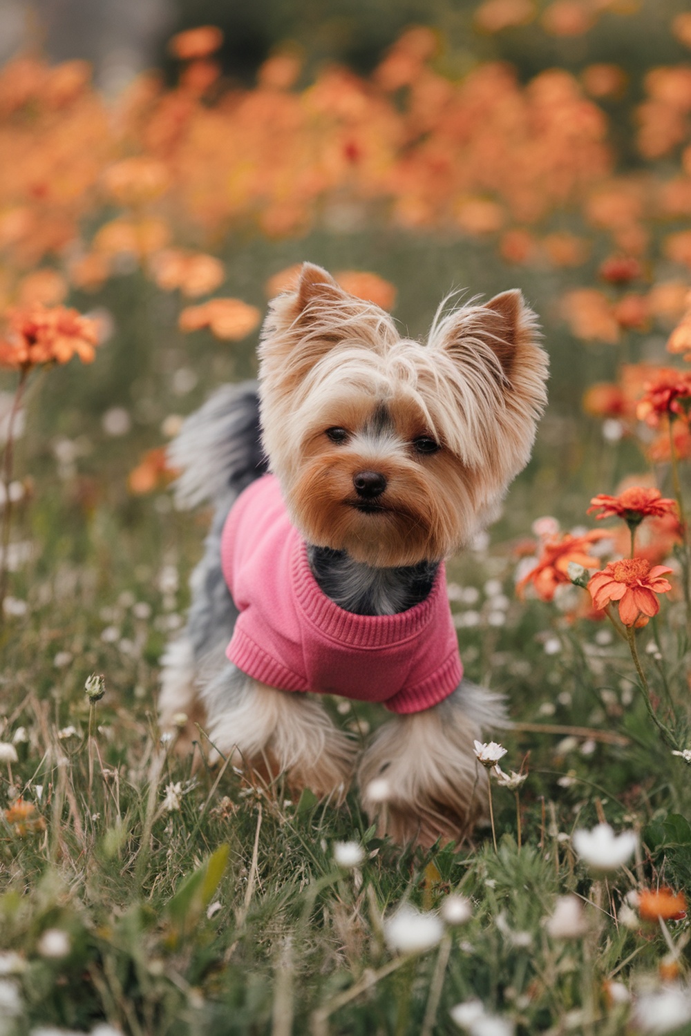 A playful teacup Yorkie in a pink sweater, surrounded by colorful flowers.