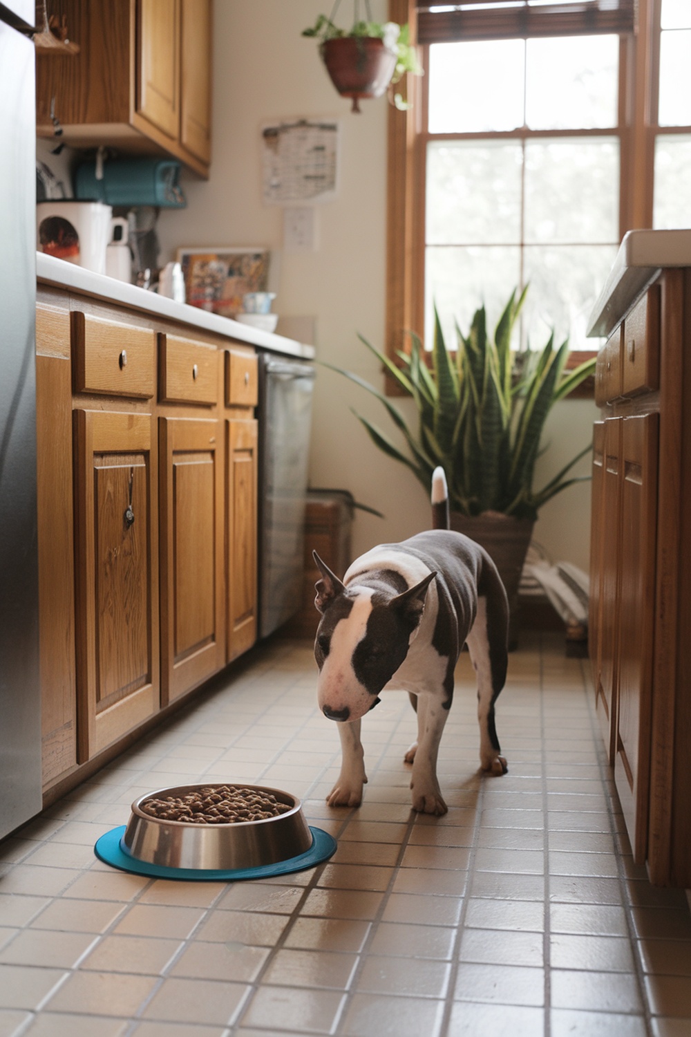 A Bull Terrier standing near its food bowl in a kitchen.