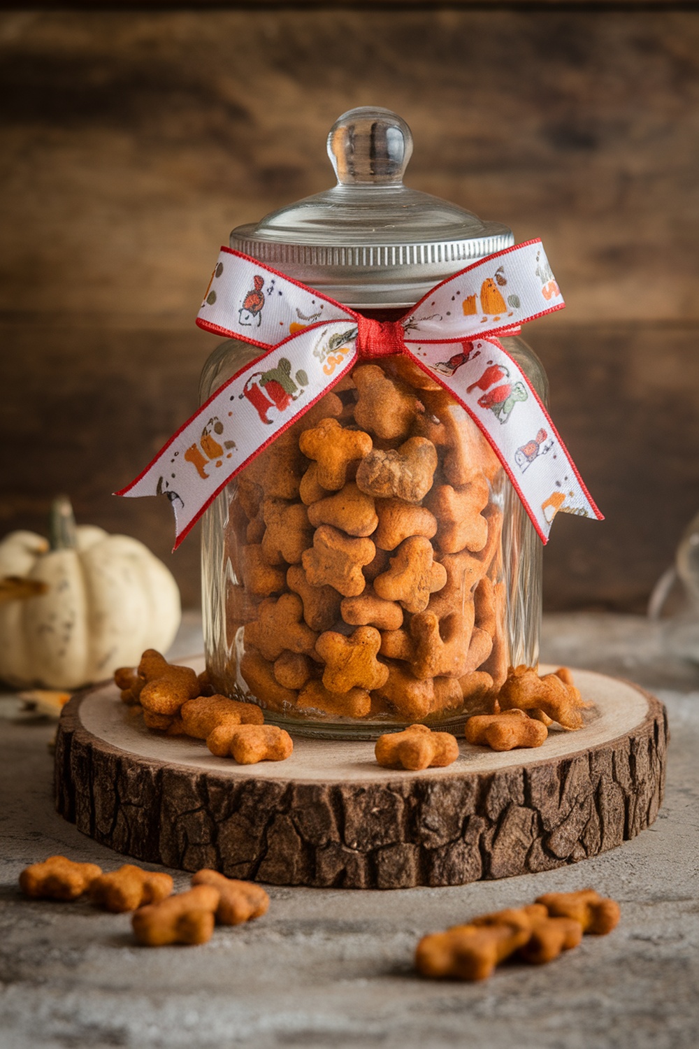 A jar filled with dog-shaped liver and pumpkin cookies, decorated with a festive ribbon.