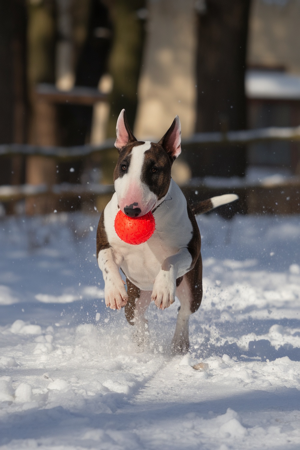 A Bull Terrier running in the snow with a bright orange ball.