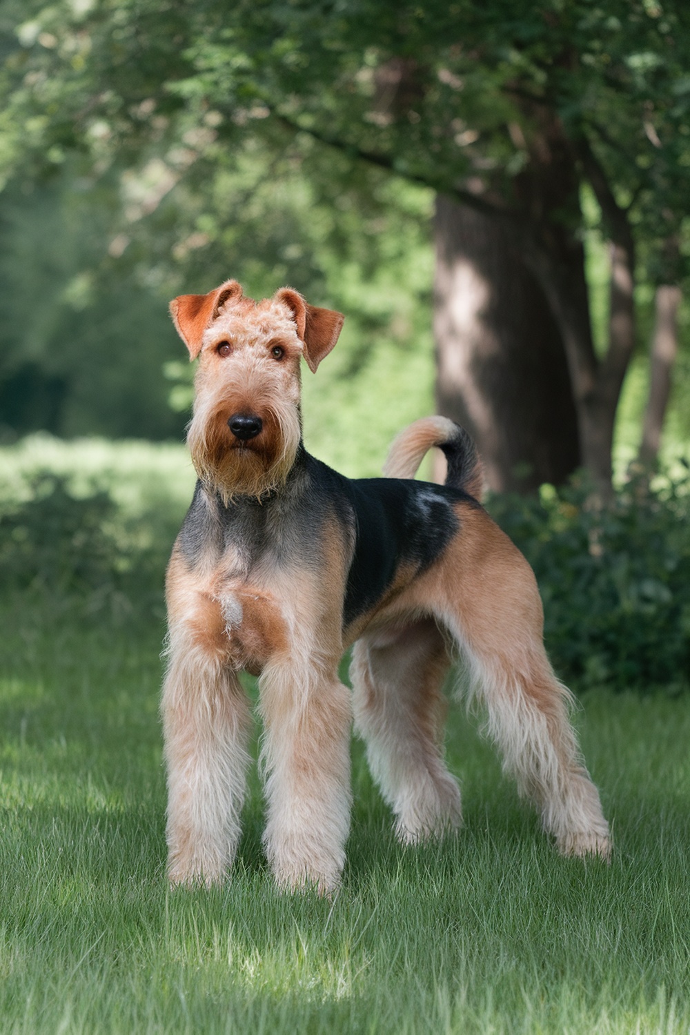 Airedale Terrier standing in a grassy area with trees in the background.