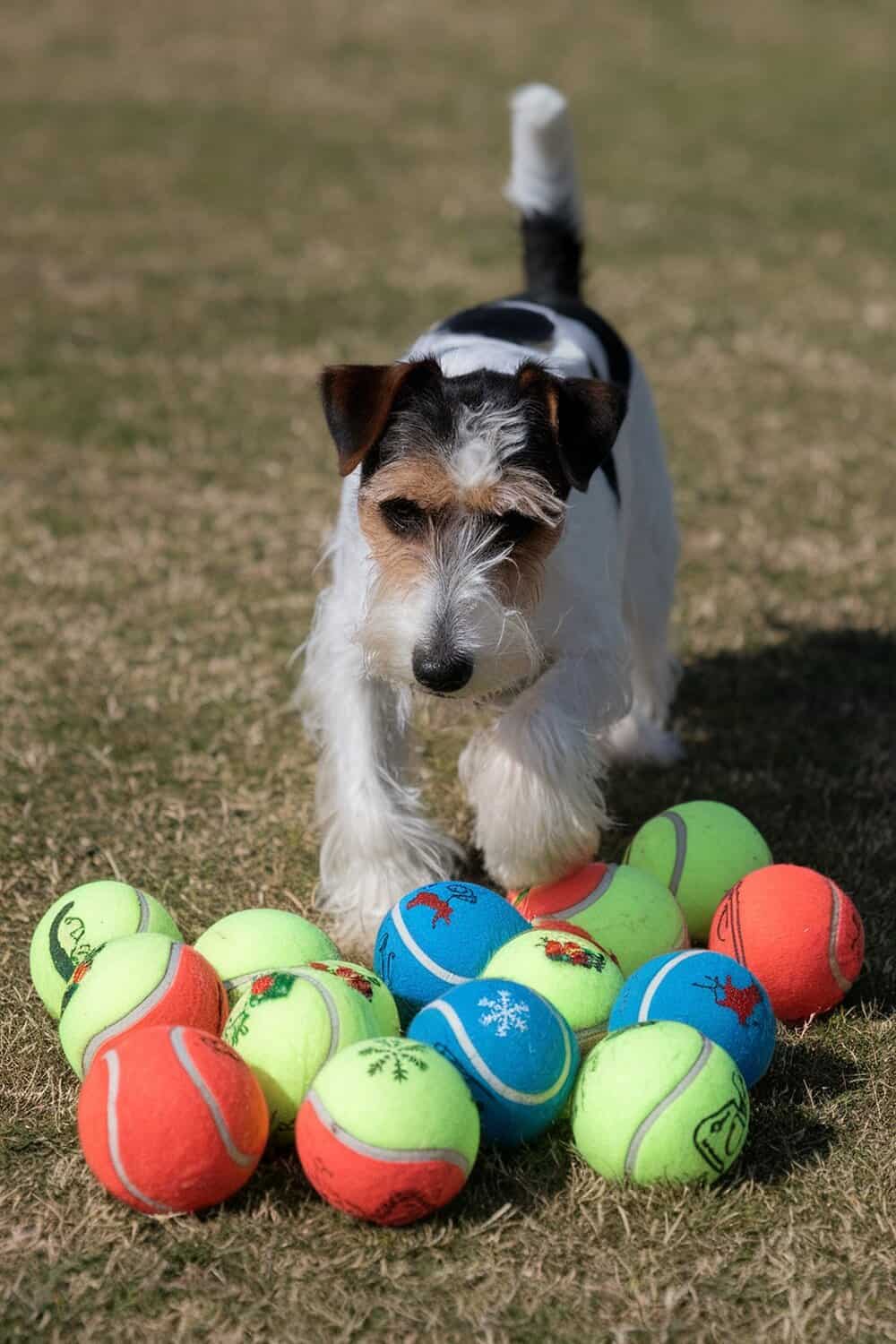 A terrier dog playing with colorful tennis balls on the grass.
