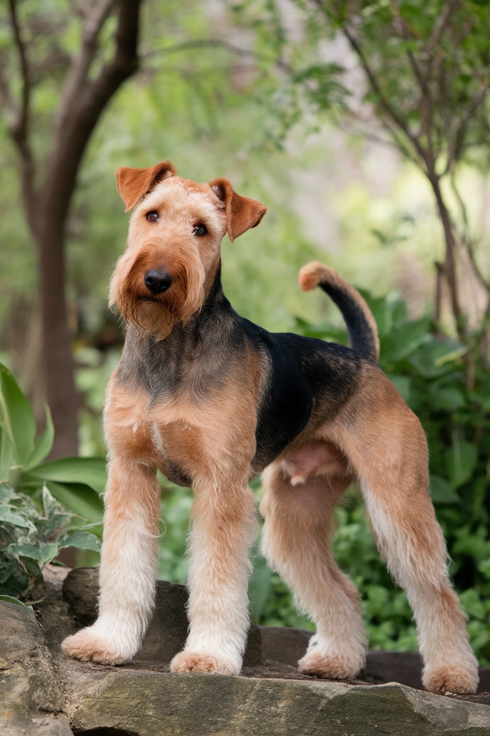 Airedale Terrier standing on a rock with greenery in the background