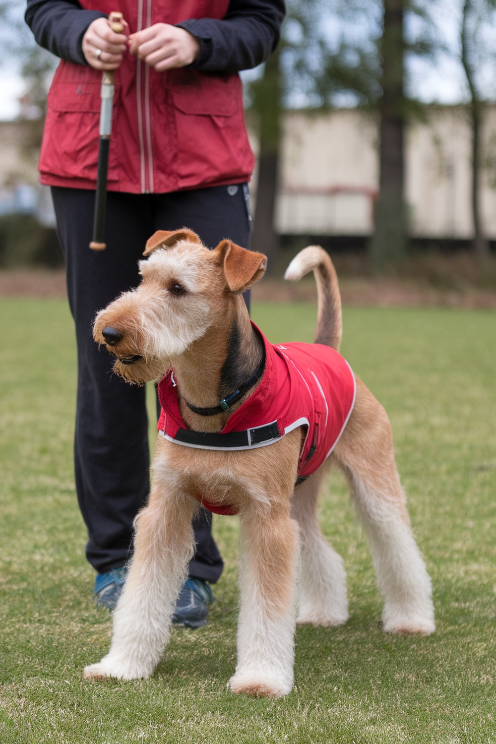 Airedale being trained outdoors with a handler.