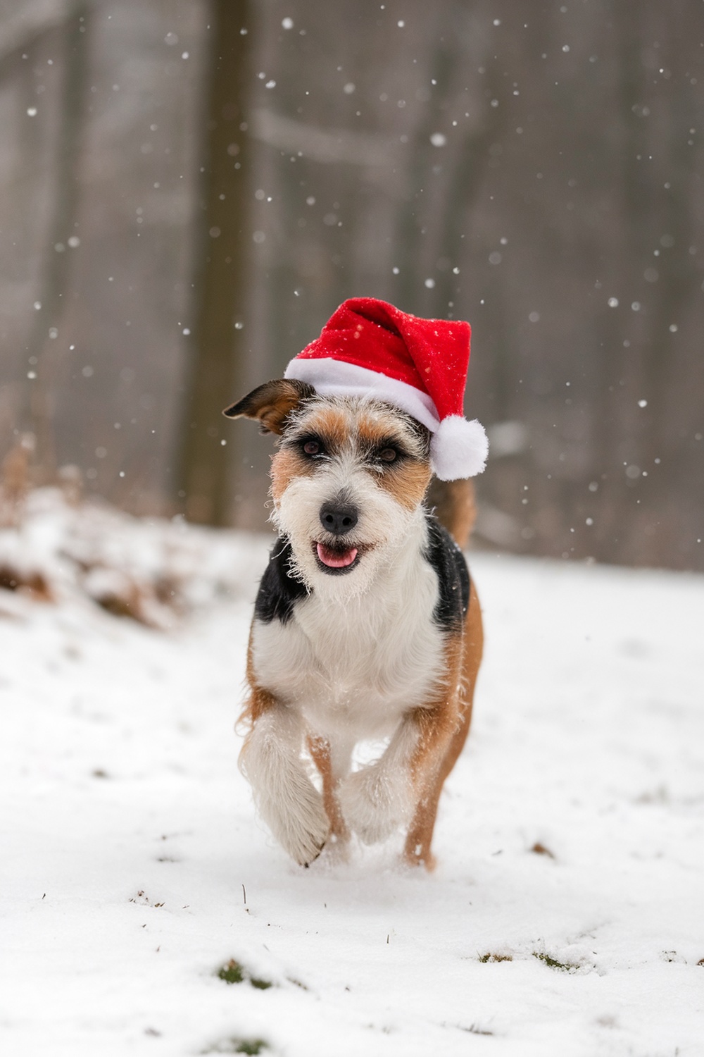 A joyful terrier dog wearing a Christmas hat, running in the snow.