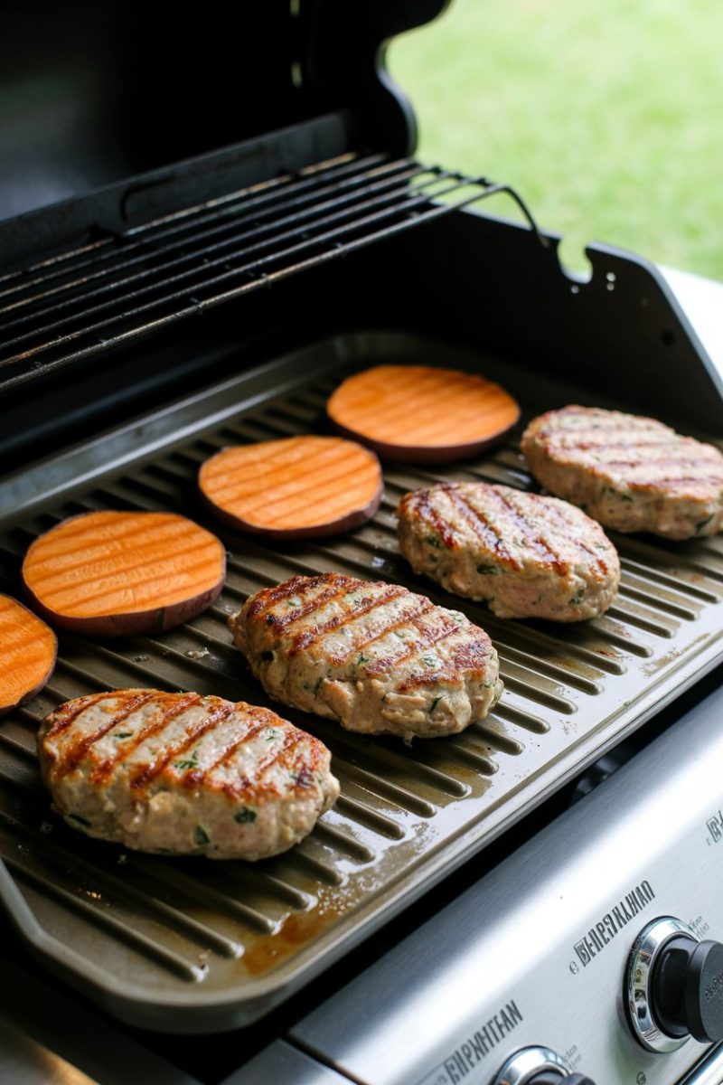Turkey and sweet potato patties cooking on a grill.