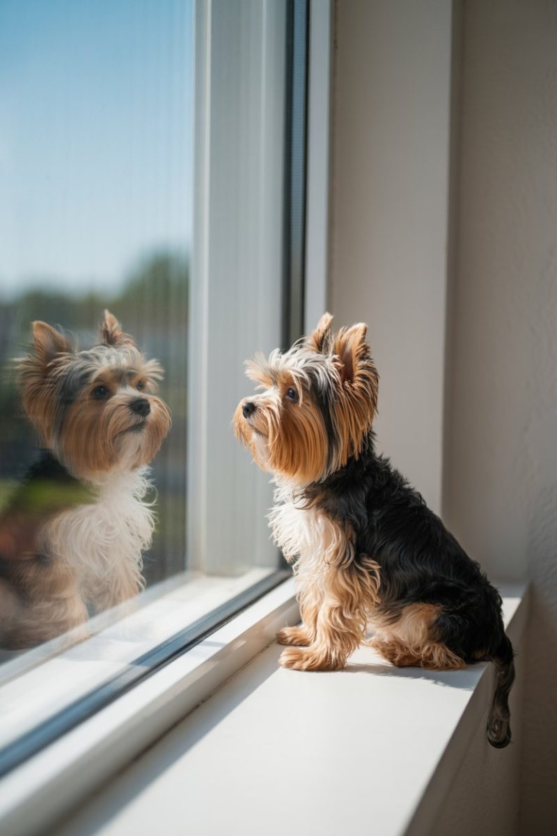 a Biewer Yorkie sitting on a white windowsill, looking out through a white-framed window.