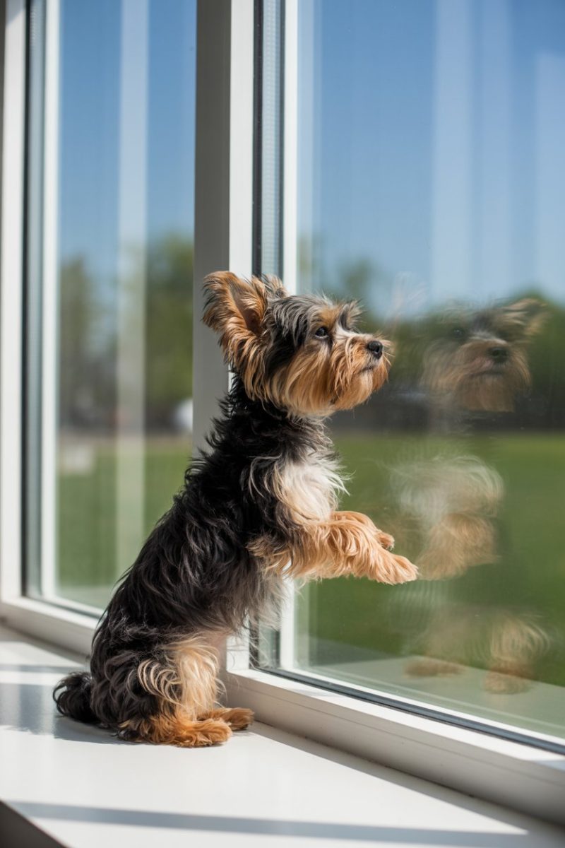 A Biewer Yorkie dog sitting alertly on a white windowsill, looking out through a large window. 