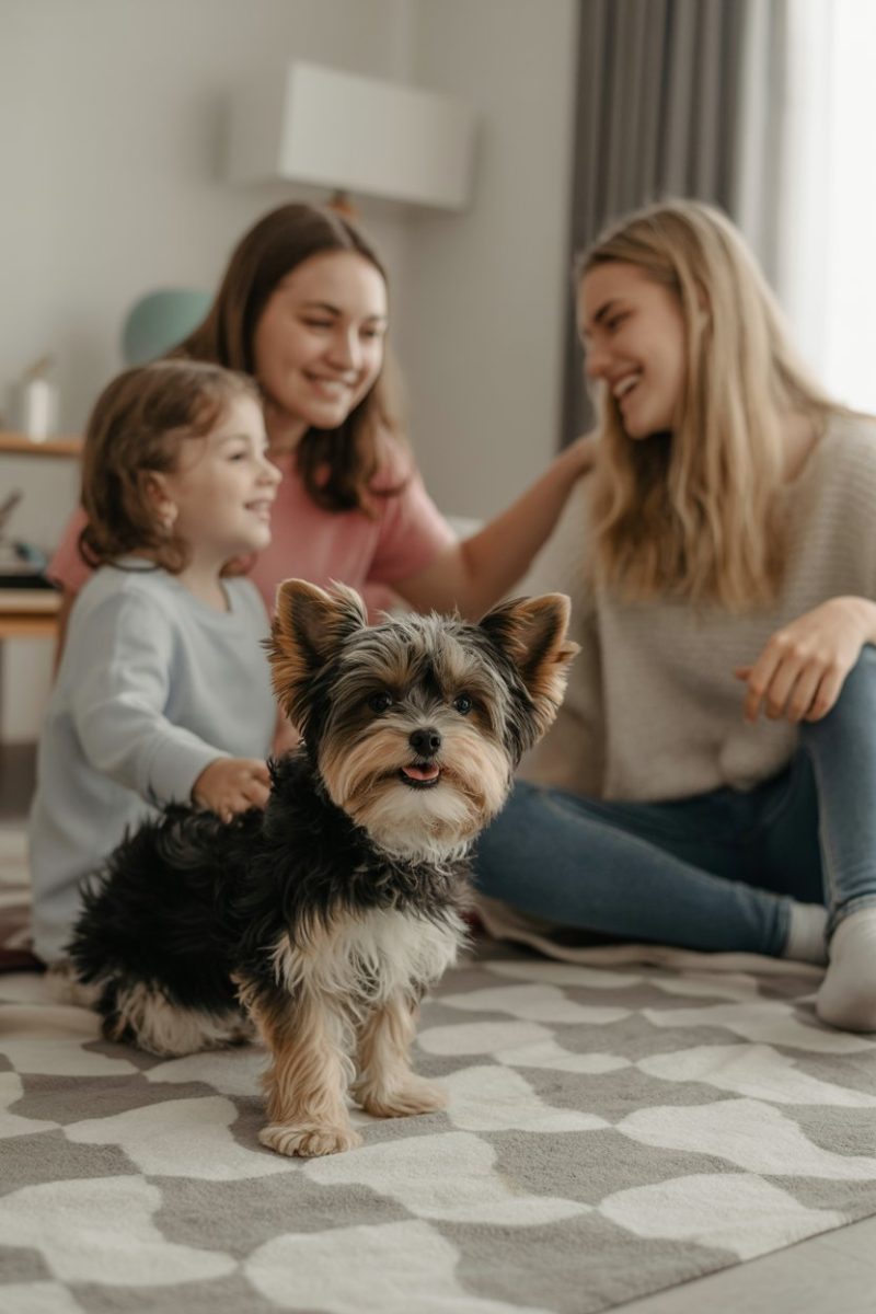 Three people and a Biewer Yorkie dog sitting on a gray and white geometric patterned carpet.