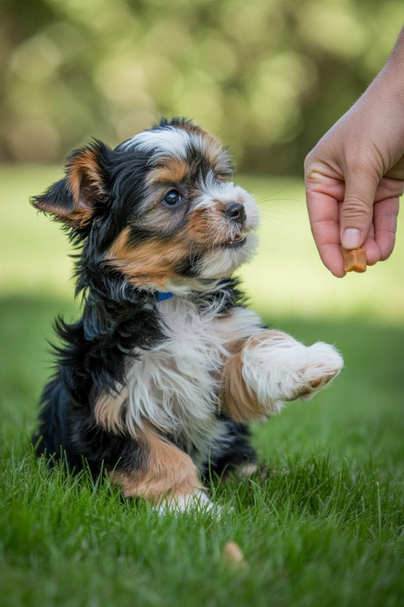 a Biewer Yorkie puppy sitting on green grass, reaching up to grab a treat held by a human hand visible in the frame.