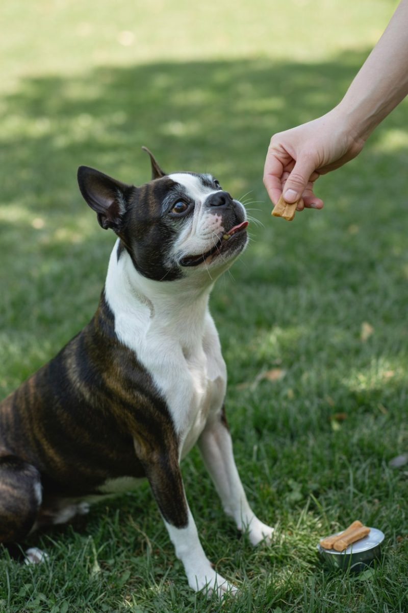A black and white Boston Terrier dog sitting attentively on green grass.