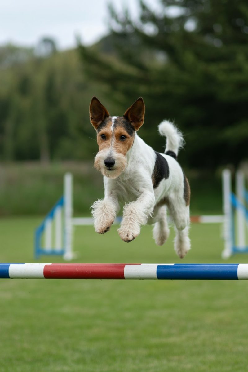 A Wire Fox Terrier dog leaping over a red and blue agility pole on a grassy field.