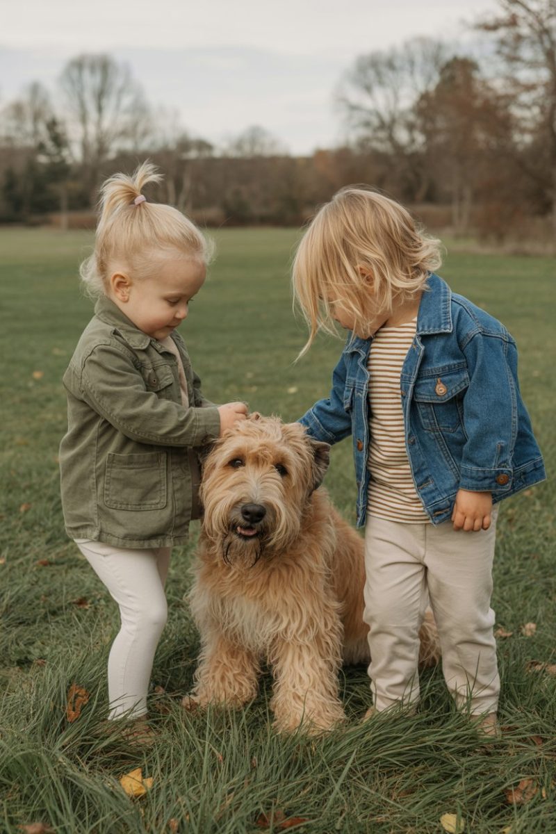 Two young children interacting with a Wheaten Terrier dog in a grassy field.