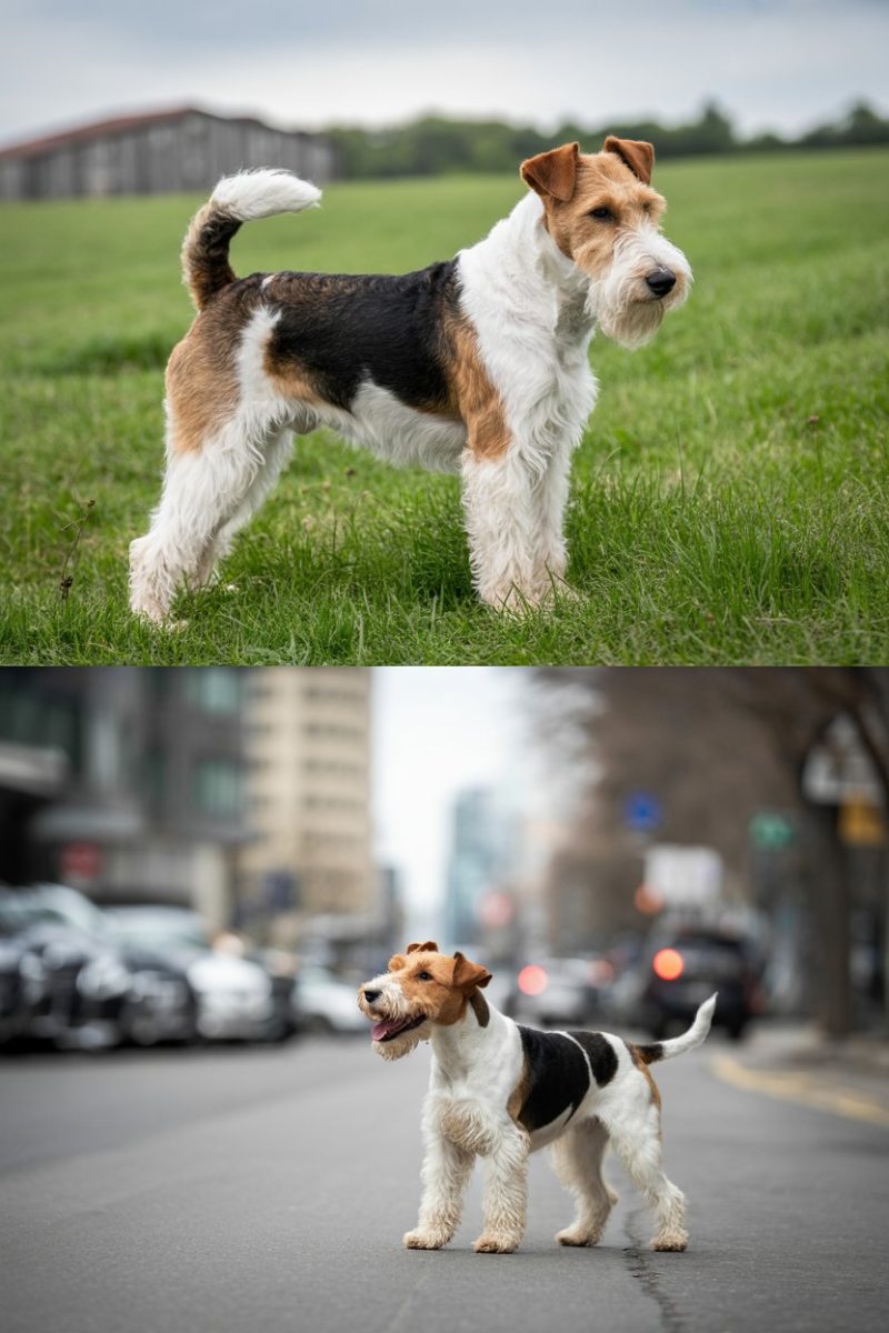 Two photographs of the same Wire Fox Terrier dog in different settings.