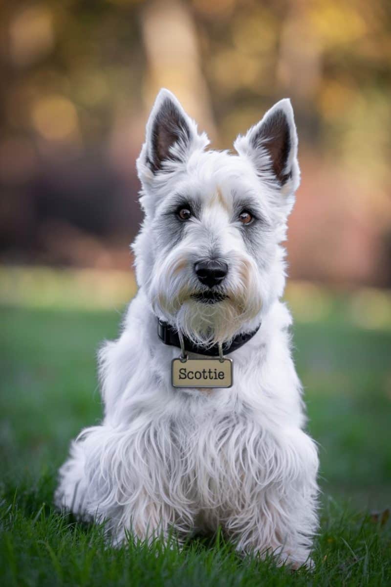 A white Scottish Terrier (Scottie) dog sitting on green grass.